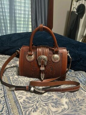 American West Brown Tooled Leather Satchel with Silver Buckles